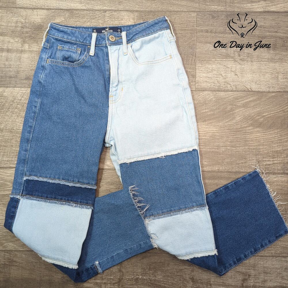 Hollister Ultra High Rise Vintage Straight Patchwork Jeans Size 0 Short